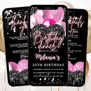 Convite de aniversário Editável Convite rosa néon preto Balões Convite, QUALQUER IDADE Digital Animado Rosa Preto Evite Itinerário eCard para meninas