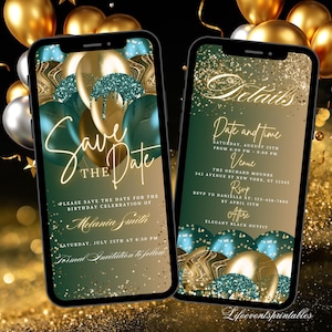 Digitale save-the-date-uitnodiging groene, elektronische gouden ballonnen verjaardag Save The Date-sjabloon, bewerkbare verjaardag Evite Instant Download