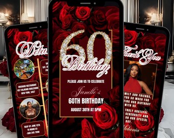 60TH Floral Birthday Invitation Template RED, Sixtieth Roses Digital RED Dinner Text Invite Editable