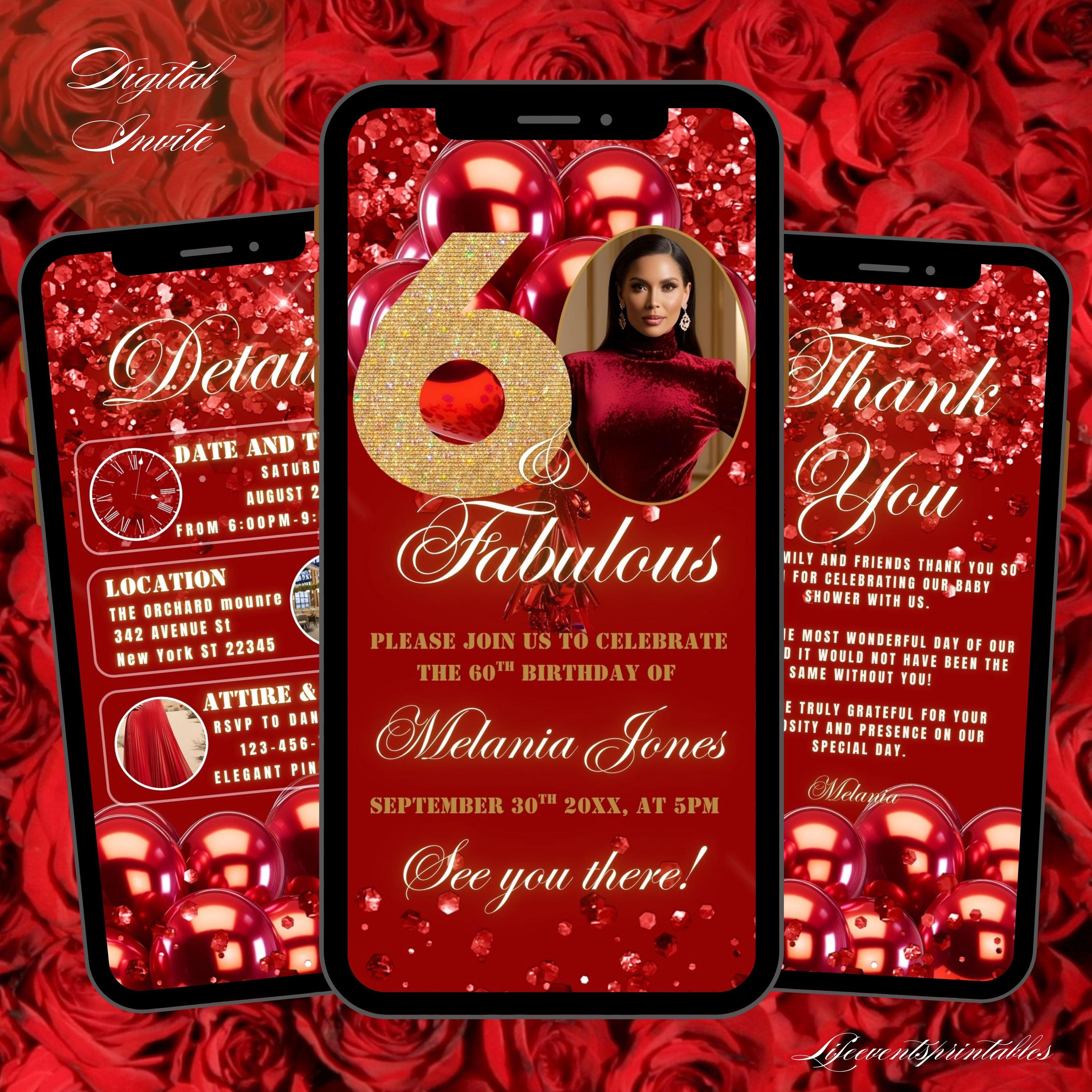 60TH Digital Birthday Dinner Invitation Template Animated, Sixtieth Red Theme Balloon Glitter Editable Birthday E-Invite Video Celebration