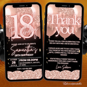 Digital RoseGold 18th Birthday Invitation Template For Her, Animated Eighteenth Rose Gold Balloon Invite, Editable  Itinerary eCard Pink