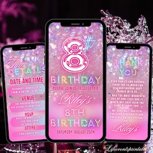 Sjabloon digitale 8e verjaardagsuitnodiging geanimeerde pastel achtjarige uitnodiging meisje bewerkbare glitterfolie achtste verjaardag uitnodigen downloaden