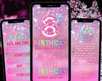 Digital 8th Birthday Invitation Template Animated Pastel Eight Year Old Invite Girl Editable Glitter Foil Eighth Birthday Invite Download