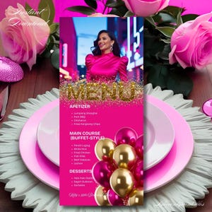 Editable Photo Birthday Menu Template Hot Pink Printable Birthday Dinner Party Menu Balloon Gold, Birthday Table Menu Card Glitter Hot Pink