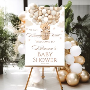 Geschlechtsneutrale Bären-Ballon-Babyparty-Willkommensschild-Vorlage, bearbeitbar Wir können Bärenbabyparty-Beschilderung warten, Boho Bärn-Babyparty-Plakat