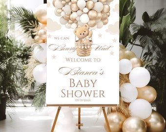 Gender Neutral Bear Balloon Baby Shower Welcome Sign Template, Editable We Can Bearly Wait Baby Shower Signage, Boho Bear Baby Shower Poster