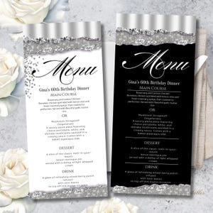 Printable Birthday Party Menu Template, Silver Printable Agate Menu Card, Birthday Dinner Table Menu, Editable Birthday Menu