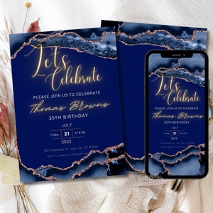 Convite digital para festa de aniversário em azul marinho dourado, mensagem de texto eletrônica para telefone com balões azuis marinho dourados, modelo editável para download instantâneo