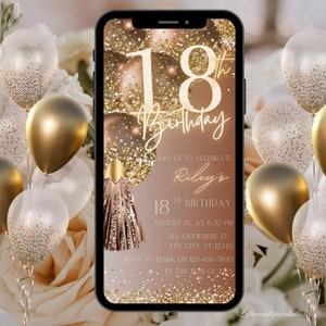 Modello digitale per invito al 18° compleanno, invito elettronico per la 18a festa, invito con testo al neon oro marrone, glitter per invito digitale, festa di compleanno