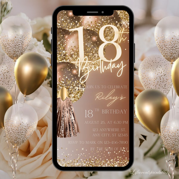 Digital 18th Birthday Invitation Template, Electronic 18th Party Invite, Brown Gold Neon Text Evite, Digital Invite Glitter, Birthday Party