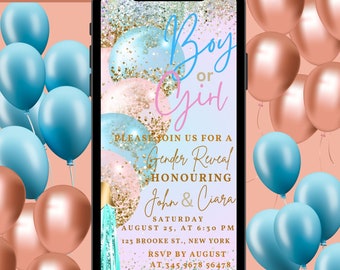 Digital Gender Reveal Invitation, Electronic Gender Reveal Evite, Balloon Gender Reveal, Baby Shower Party Invitation, Instant Download