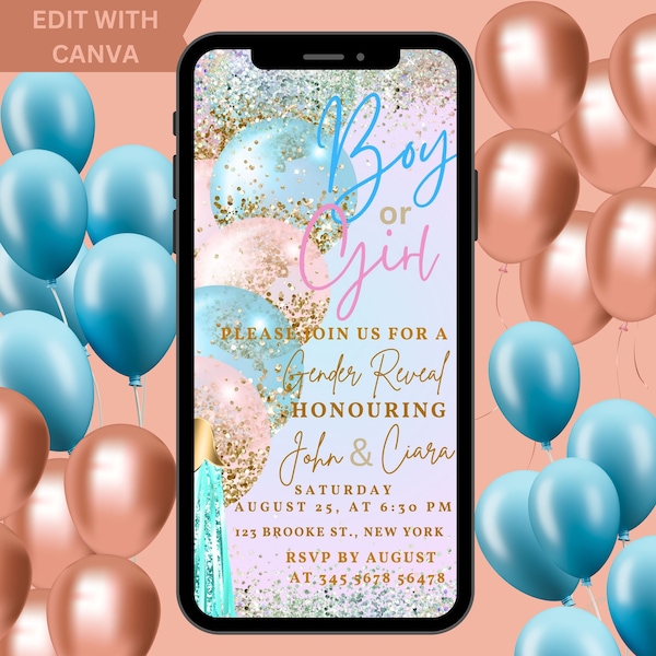 Digital Gender Reveal Invitation, Electronic Gender Reveal Evite, Balloon Gender Reveal, Baby Shower Party Invitation, Instant Download