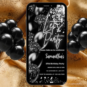 Op de afbeelding: Zwarte en zilveren glitter-verjaardagsuitnodiging met de tekst "Let's Party" en "Samantha's 27th Birthday Party". De uitnodiging bevat de datum, tijd en locatie van het feest, evenals een contactpersoon voor RSVP.