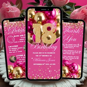 18TH Digital Birthday Invitation Template Hot Pink, Eighteenth Dinner Party E-Invite Editable Glitter Text Message Invite Mobile Phone Evite