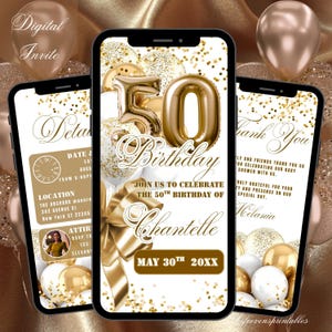 Può includere: Invito digitale di compleanno su schermo di smartphone. Il design presenta palloncini dorati, coriandoli e il numero 50. Il testo include "Unisciti a noi per festeggiare il 50° compleanno di Chantelle" e i dettagli dell'evento. Il tema generale è elegante e festoso.