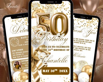 50TH Digital White Gold Balloons Birthday Party Invitation Template, Fiftieth Editable Glitter Birthday Evite, Phone Text Message Ecard