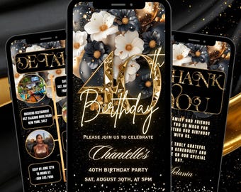40TH Digital Birthday Invitation Template Black, Floral Fortieth Dinner Invite Gold Balloon,  Editable Text Message Evite Download