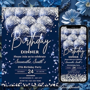 Blue Birthday Invitation Template Silver, Blue Balloon Invite Printable Digital Editable Text Message Birthday dinner Ecard Instant Download