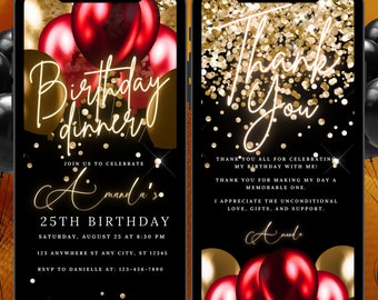 Digital Red Gold Birthday Party Invitation Template Editable Glittery Text Message Birthday dinner invitation Ecard Instant Download