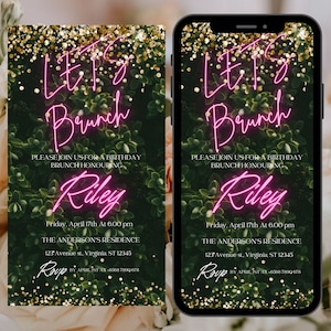 Digital Neon Greenery Pink Let&#39;s Brunch-Einladung, elektronischer Geburtstags-Brunch-Text einladen, bearbeitbare Einladung, digitaler Download-Geburtstag