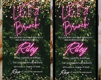 Digital Neon Greenery Pink Let&#39;s Brunch Invitation, Electronic Birthday Brunch Text Invite, Editable Invitation, Digital Download Birthday
