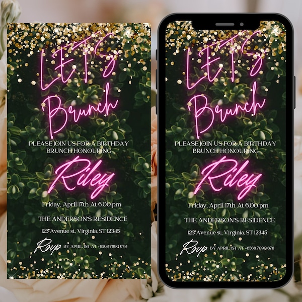 Digital Neon Greenery Pink Let's Brunch Invitation, Electronic Birthday Brunch Text Invite, Editable Invitation, Digital Download Birthday