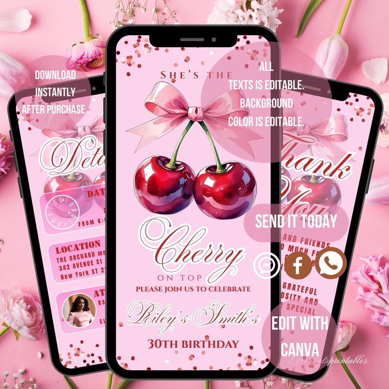 Puede incluir: Dise&ntilde;o de invitaci&oacute;n digital rosa con cerezas y un lazo. La invitaci&oacute;n incluye texto editable, un fondo rosa y las palabras "Cherry on Top" y "30th Birthday". El dise&ntilde;o se muestra en un smartphone.