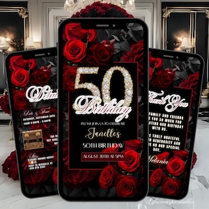 Op de afbeelding: Drie smartphones met een uitnodiging voor een 50e verjaardag met een bloemenrozenontwerp. De uitnodiging bevat de tekst "50 Birthday" in goud en diamantaccenten, met evenementdetails en de naam "Janelles".