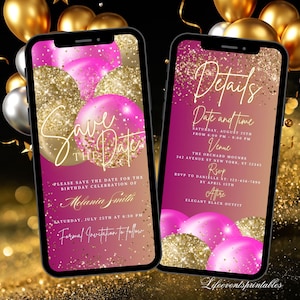 Digital Save The Date Invitation Pink, Electronic Gold Balloons Birthday Save The Date Template, Editable Birthday Evite Instant Download