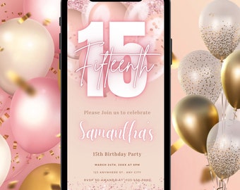 Digital Rose Gold 15th Birthday Invitation Template For Girls, Electronic Pink Balloon Fifteenth Birthday Invite, 15th Birthday Invites
