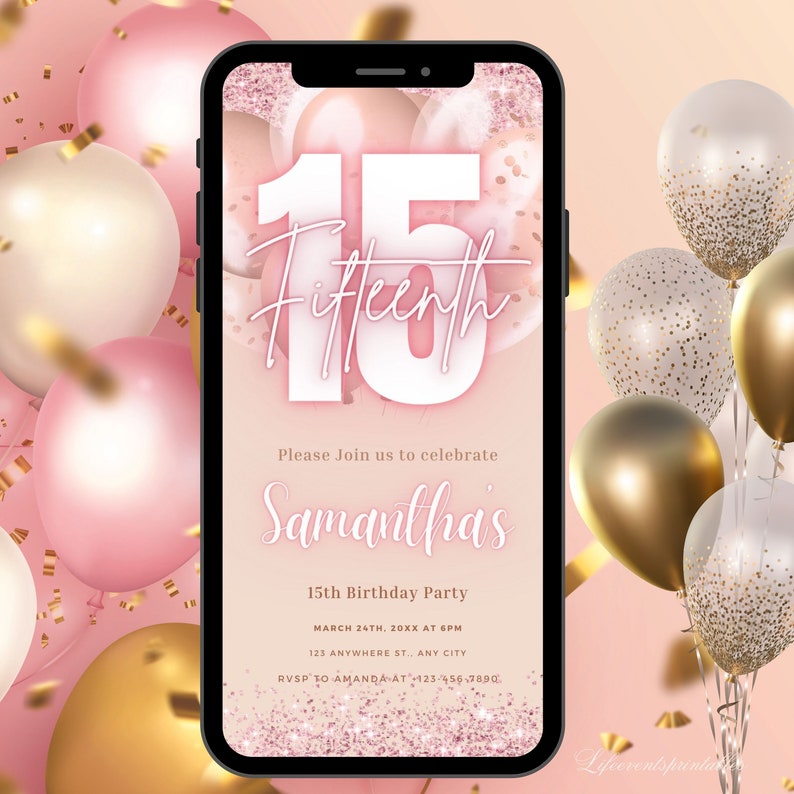 Plantilla de invitación de cumpleaños número 15 de oro rosa digital para niñas, invitación de decimoquinto cumpleaños con globo rosa electrónico, invitaciones de cumpleaños número 15 imagen 1