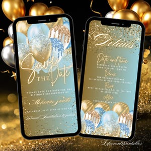Digital Save The Date Invitation Blue, Electronic Gold Balloons Birthday Save The Date Template, Editable Birthday Evite Instant Download
