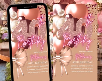 40 Geburtstagseinladung 40. Geburtstag einladen Rosegold, E-Invite Vorlage, Textnachricht Einladung, digitales Handy Evite