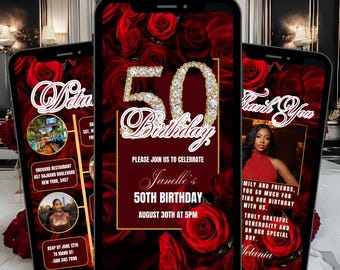 50TH Floral Birthday Invitation Template RED, Fiftieth Roses Digital RED Dinner Text Invite Editable