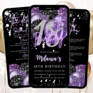 Invitación editable para el cumpleaños número 18, invitación con globo morado para ella, dieciocho tarjetas electrónicas animadas digitales con itinerario de Evite morado para niñas