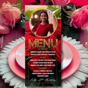 Editable Floral Photo Birthday Menu Template RED, Printable Birthday Dinner Party Menu, Birthday Table Menu Card, Birthday Menu Gold