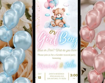 Digital Gender Reveal Invitation, Electronic Gender Reveal Evite, Balloon Gender Reveal, Baby Shower Party Invitation, Instant Download