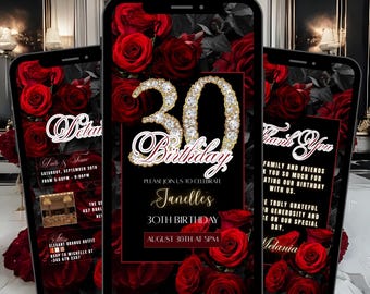 30TH Floral Birthday Invitation Template RED, Thirtieth Roses Digital Black Dinner Text Invite Editable