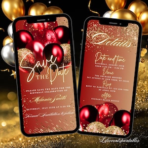 Digital Save The Date Invitation Gold, Electronic Red Balloons Birthday Save The Date Template, Editable Birthday Evite Instant Download