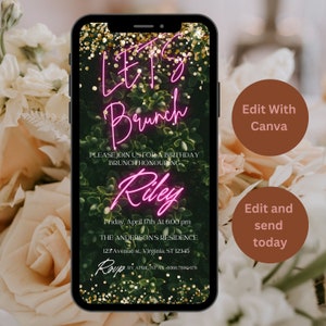 May include: A digital invitation for a birthday brunch with a green foliage background and gold glitter. The text reads "Let's Brunch" in pink neon lettering, followed by "Please join us for a birthday brunch honouring Riley". The invitation includes the date, time, location, and contact information.