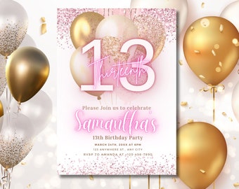 Digital Rose Gold 13th Birthday Invitation Template For Girls, Electronic Gold Balloon Thirteenth Birthday Invite, 13th Birthday Invites