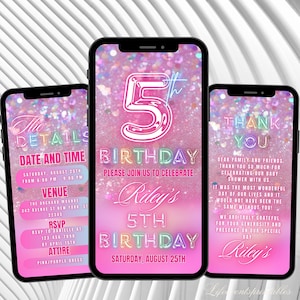 Modello di invito digitale per il quinto compleanno Invito animato per bambina di cinque anni con glitter in lamina modificabile Invito per il quinto compleanno da scaricare