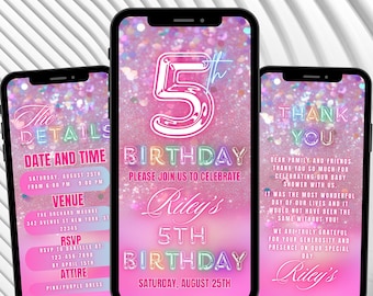 Plantilla de invitación digital para el quinto cumpleaños, invitación animada en colores pastel para niña de cinco años, invitación editable con papel de aluminio brillante para el quinto cumpleaños, descarga