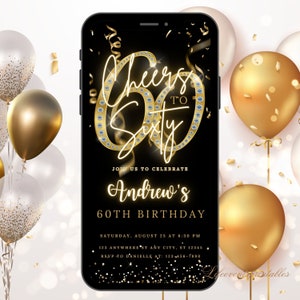 Sixtieth Black Birthday Invitation, 60th Birthday Invite Gold, E-vite Template, Neon Glittery Text Birthday Digital Mobile Phone Evite