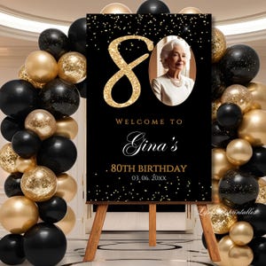 80Th PHOTO Birthday Welcome Sign Template Welcome Poster Black Glittery Eightieth Signage Editable Welcome Signage decor Digital Download