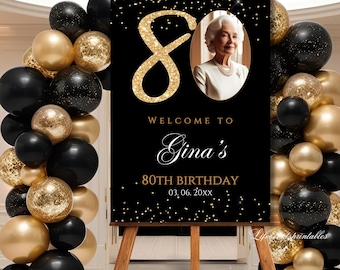 80Th PHOTO Birthday Welcome Sign Template Welcome Poster Black Glittery Eightieth Signage Editable Welcome Signage decor Digital Download