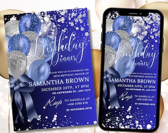 Digital Blue Silver Birthday Party Invitation, Blue Printable Editable Template, Any Age Evite Instant Download, Phone Birthday Evite