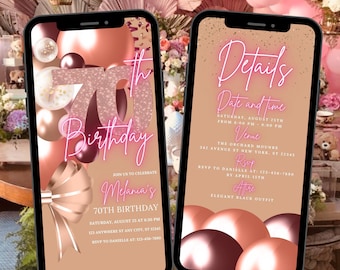 Digital 70th Birthday Invitation For Women, Editable 70th Invite Evite, Rose Gold Seventieth Party Invite For Her, Birthday Invite For Her