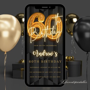 Modèle numérique d'invitation de 60e anniversaire pour homme, Evite des soixantièmes pour hommes, carte d'anniversaire 60e anniversaire rustique pour lui or noir, 60e anniversaire