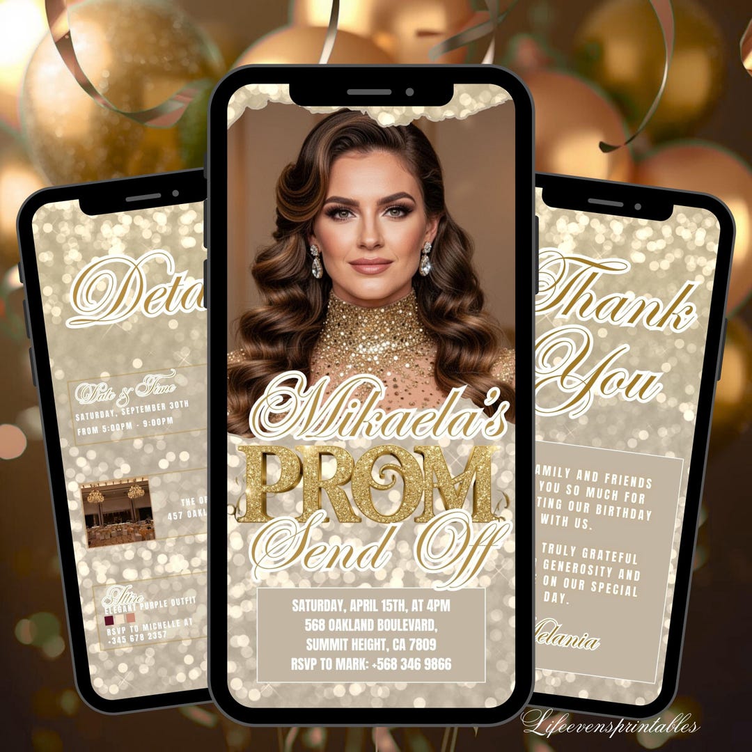 Editable Prom Send off Invitation Template Gold, Digital Glittery Photo ...